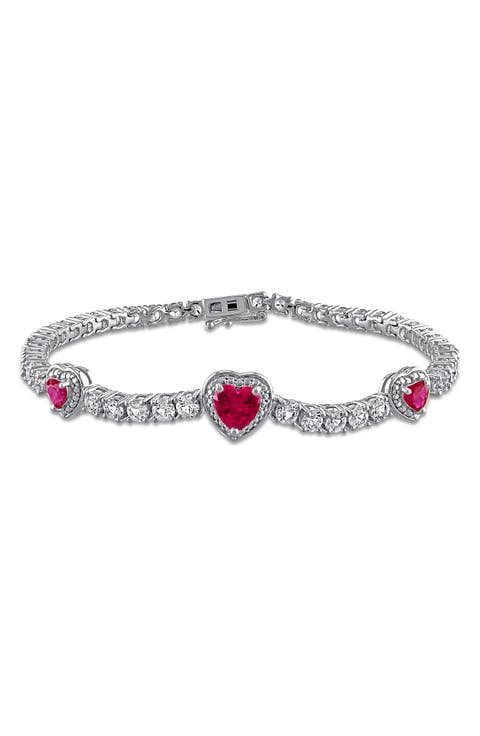 Lab Grown Ruby & Lab Grown White Sapphire Heart Station Bracelet