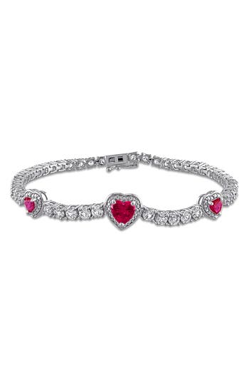 Delmar Lab Grown Ruby & Lab Grown White Sapphire Heart Station Bracelet In Red