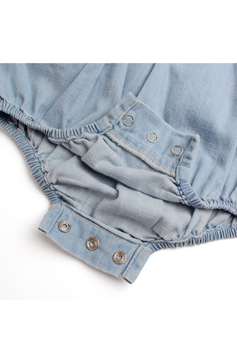 RuffleButts Long Sleeve Flutter Bubble Romper, Alternate, color, Light Wash