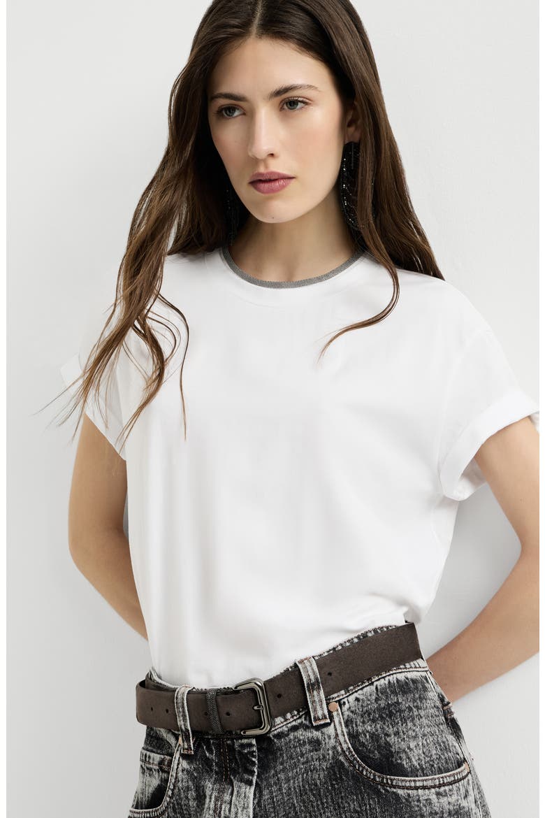 Stretch cotton jersey t-shirt with monili, Alternate, color, White