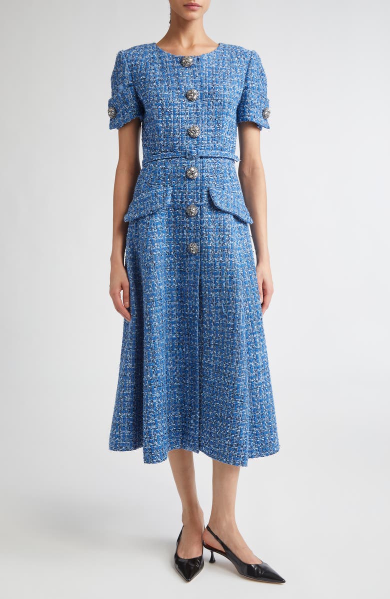 Carolina Herrera Crystal Button Tweed A-Line Dress, Main, color, Blue Multi