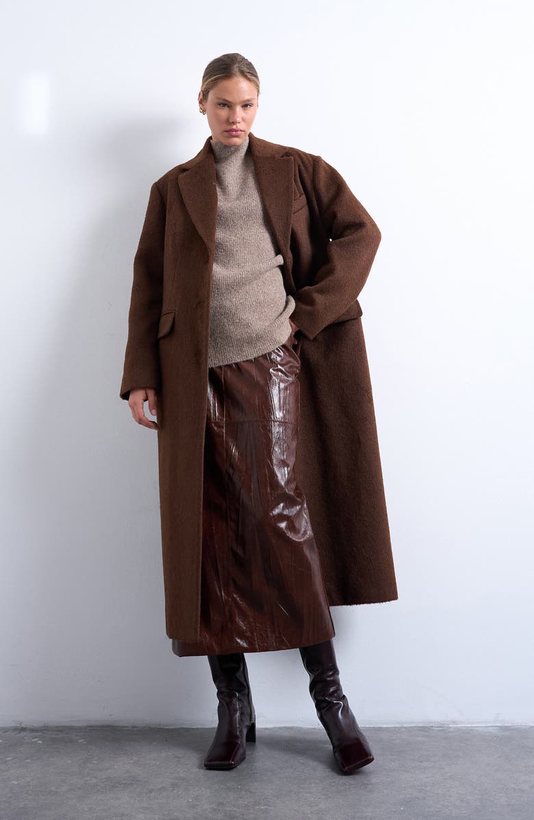 Topshop Single Breasted Longline Coat, Alternate, color, Brown