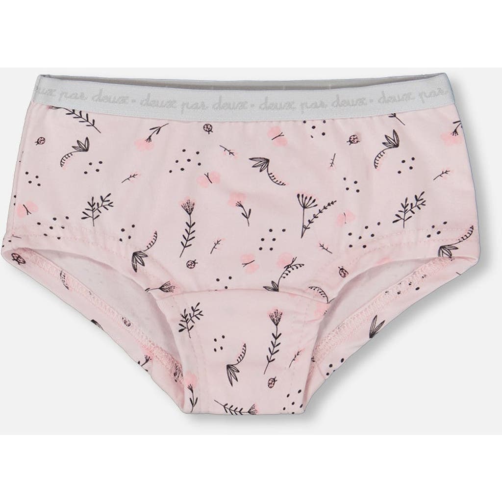 Deux Par Deux Girl's Printed Organic Cotton Boyshort Panty Small Pink Flowers On Pale Pink Backgroun In Pink Flowers On Pale Pink
