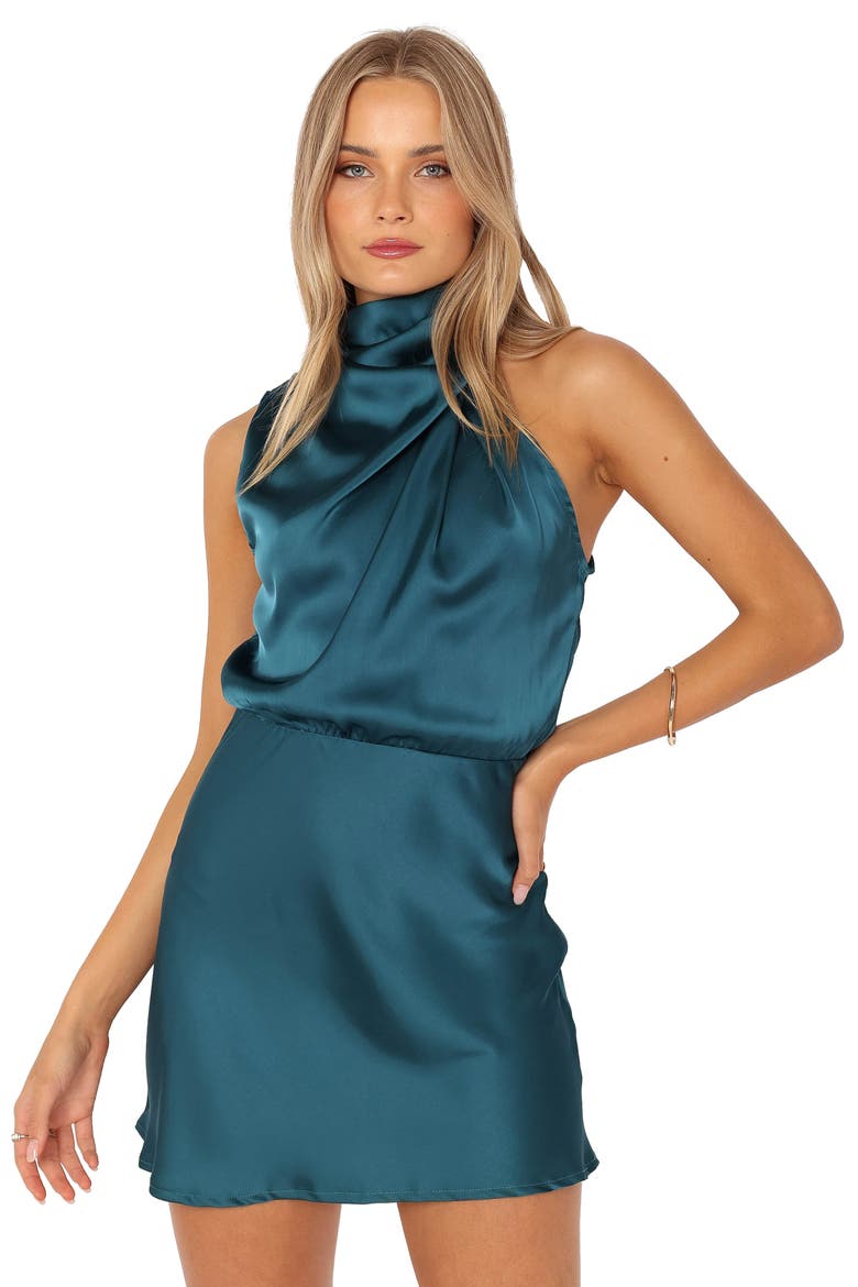 Anabelle Floral Halter Neck Satin Minidress, Alternate, color, TEAL