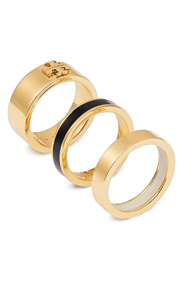 Tory Burch Icon Enamel Set of 3 Rings, Main, color, Tory Gold / Black