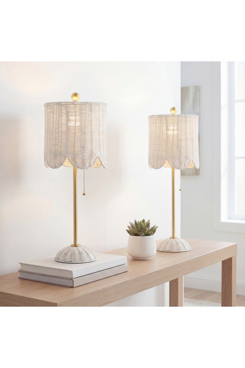 Celerie 27.5" Coastal Bohemian Rattan/Iron Scalloped Buffet LED Table Lamp with Pull Chain, Main, color, White/Brass Gold