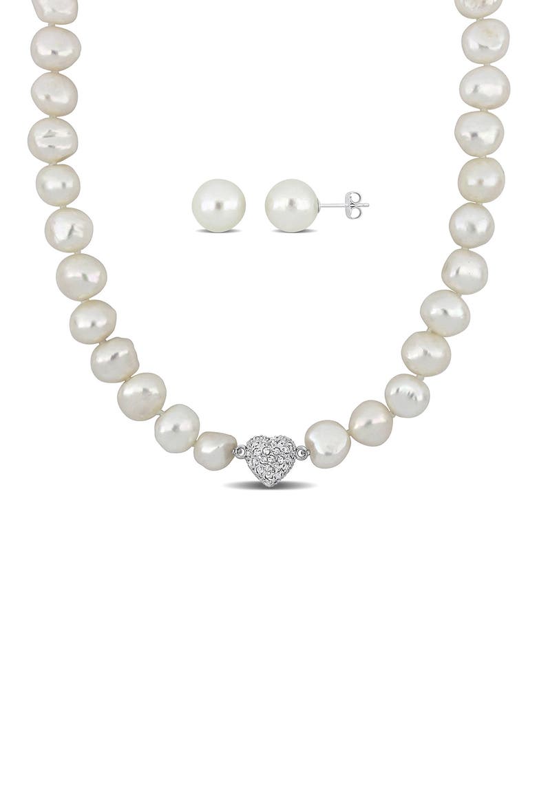 Cubic Zirconia & Cultured Pearl Necklace & Stud Earrings Set, Main, color, OFF WHITE