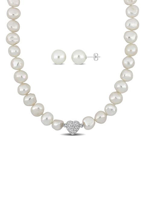 Cubic Zirconia & Cultured Pearl Necklace & Stud Earrings Set