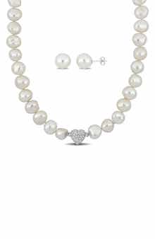 DELMAR Cubic Zirconia & Cultured Pearl Necklace & Stud Earrings Set