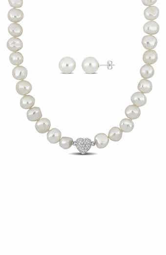 Cubic Zirconia & Cultured Pearl Necklace & Stud Earrings Set