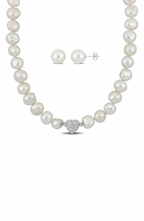 DELMAR Cubic Zirconia & Cultured Pearl Necklace & Stud Earrings Set