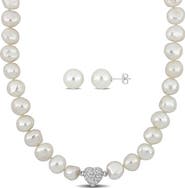 DELMAR Cubic Zirconia & Cultured Pearl Necklace & Stud Earrings Set