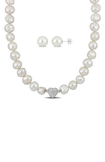 Delmar Cubic Zirconia & Cultured Pearl Necklace & Stud Earrings Set