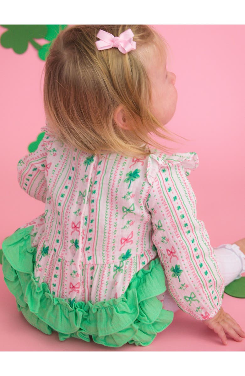 RuffleButts Cotton Gauze Long Sleeve Flutter Bubble Romper, Alternate, color, Clover Bows & Wishes