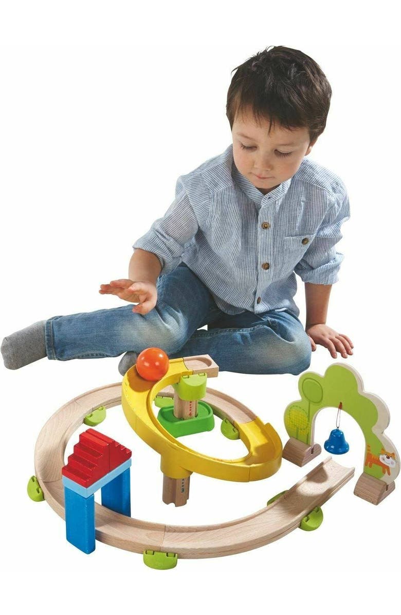 HABA Ball Run - Kullerbu Spiral Track, 26 Piece Wood & Plastic Marble Run Set with Wild Curves & Bell for Kids 2-8, STEM Toy Marble Maze Building Set, Alternate, color, Multi