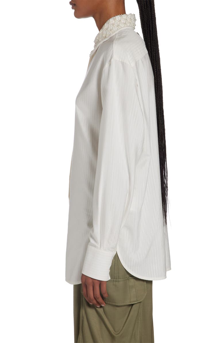 Golden Goose Imitation Pearl Embellished Jacquard Stripe Button-Up Shirt, Alternate, color, Antique White