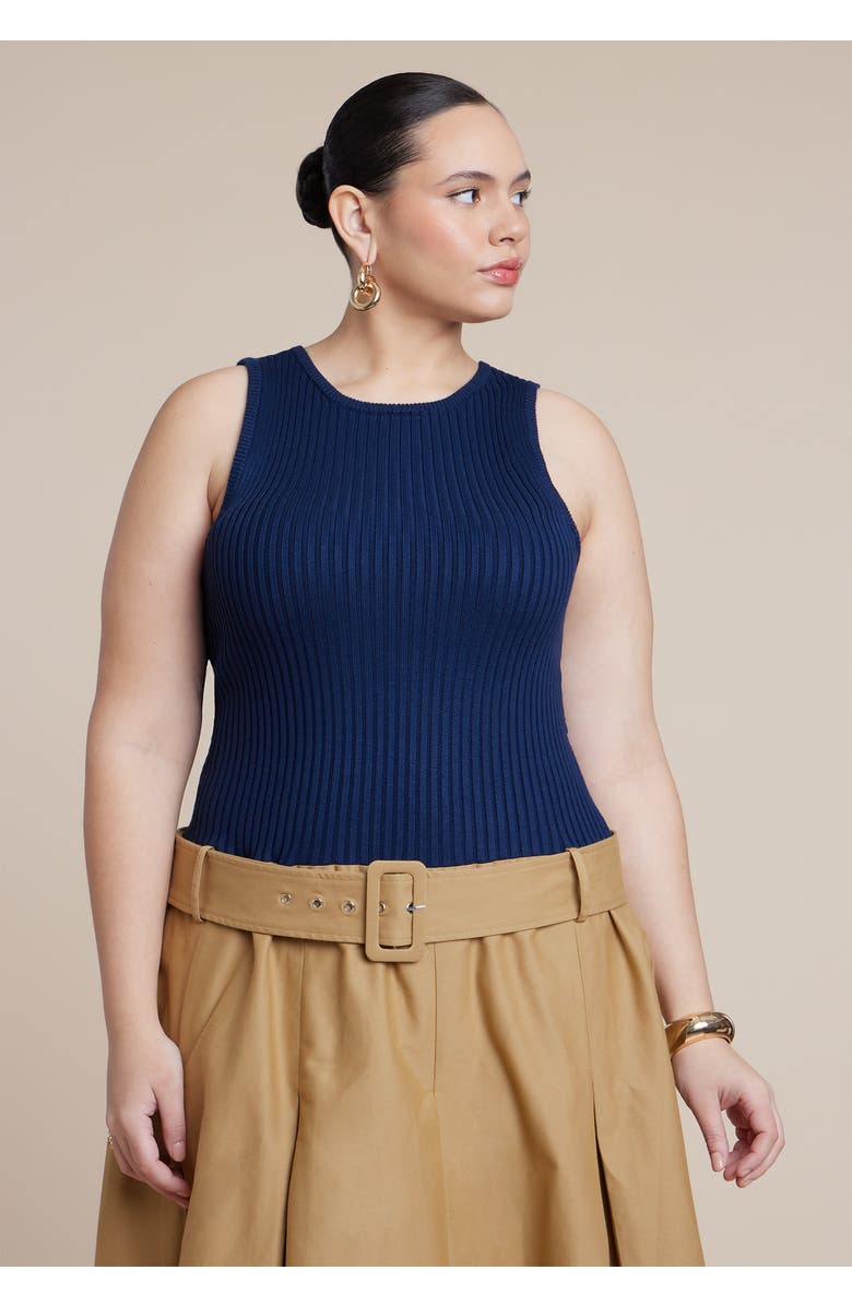 ELOQUII Combo Dress With Belt, Alternate, color, Navy And Tan