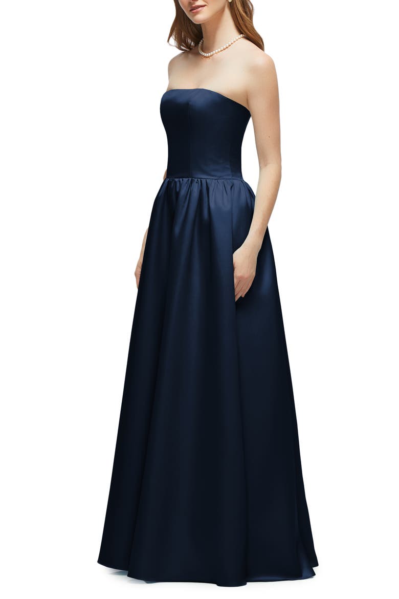 Strapless Drop Waist Satin Twill Gown, Alternate, color, MIDNIGHT