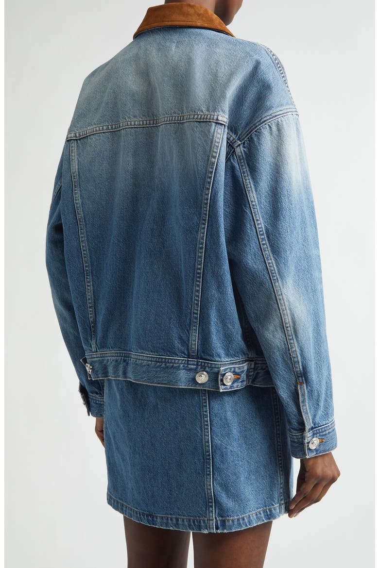 Suede Trim Stonewash Denim Trucker Jacket, Alternate, color, MEDIUM BLUE