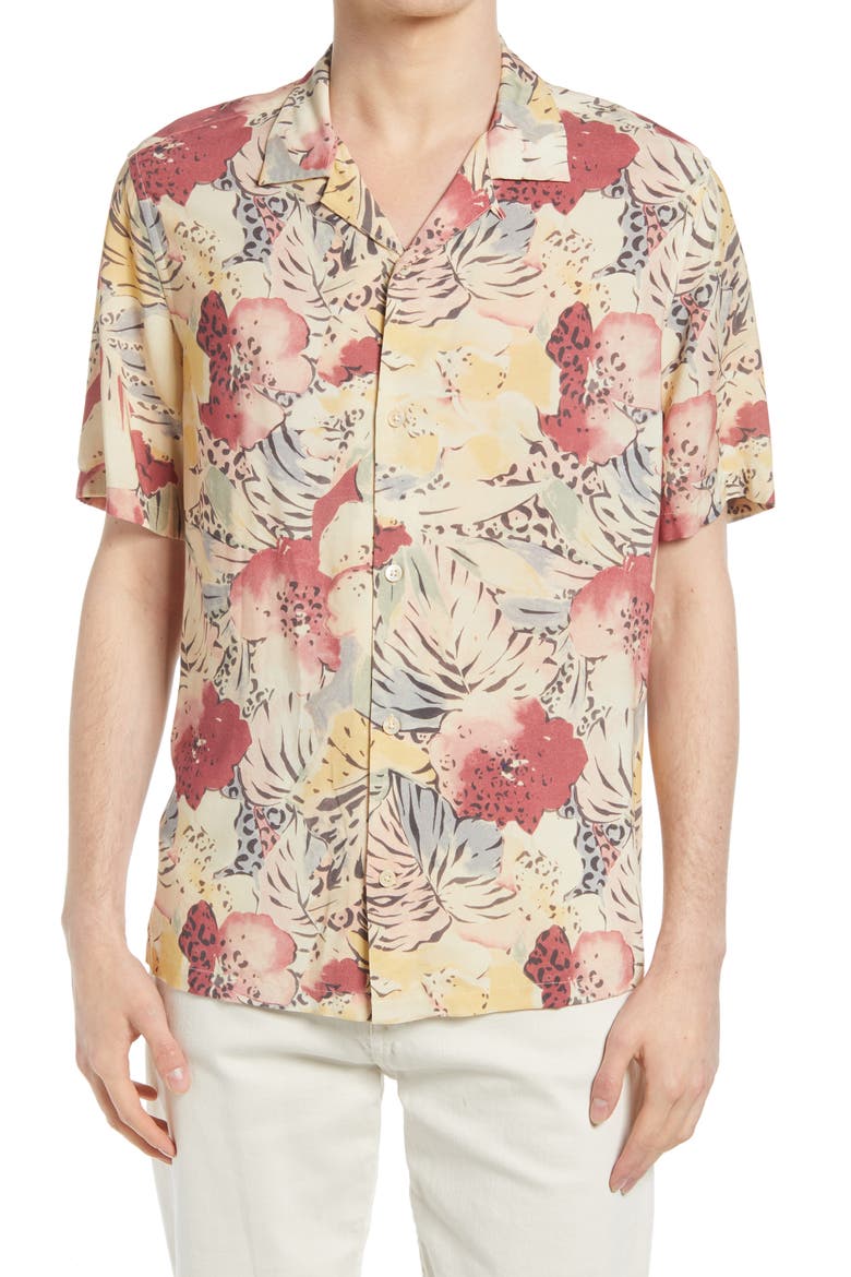 Wailea Floral Short Sleeve Button-Up Camp Shirt, Main, color, ECRU