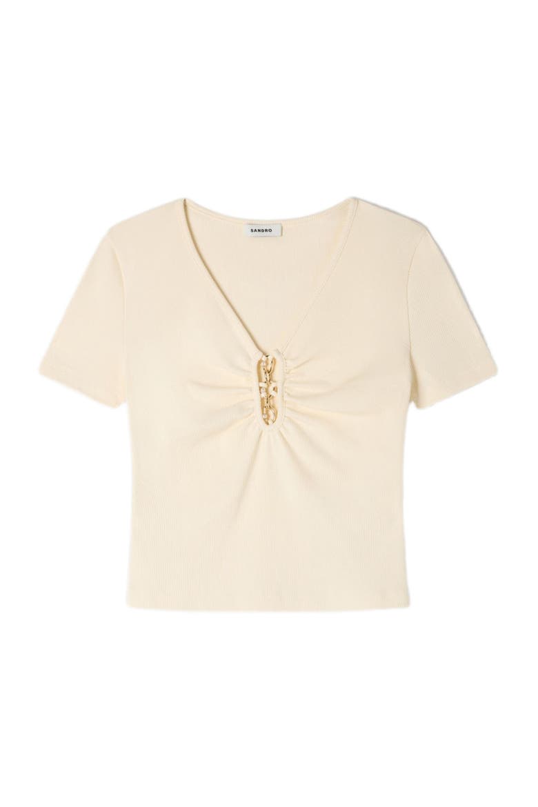 Jewelled cropped cotton T-shirt, Alternate, color, Ecru