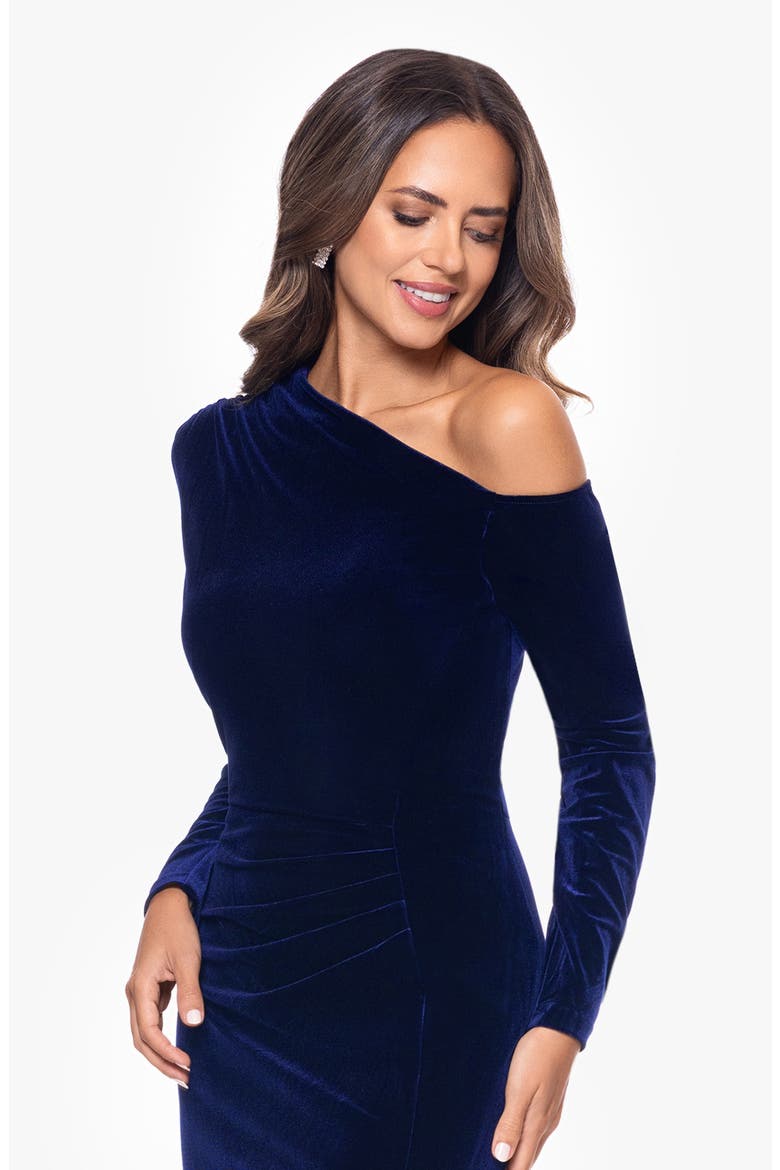 One-Shoulder Long Sleeve Velvet Gown, Alternate, color, SAPPHIRE