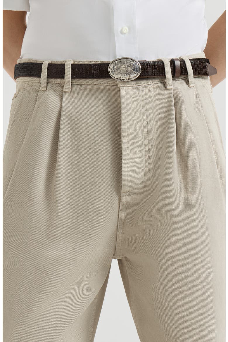 Garment-dyed denim iconic fit five-pocket trousers with double pleats, Alternate, color, White