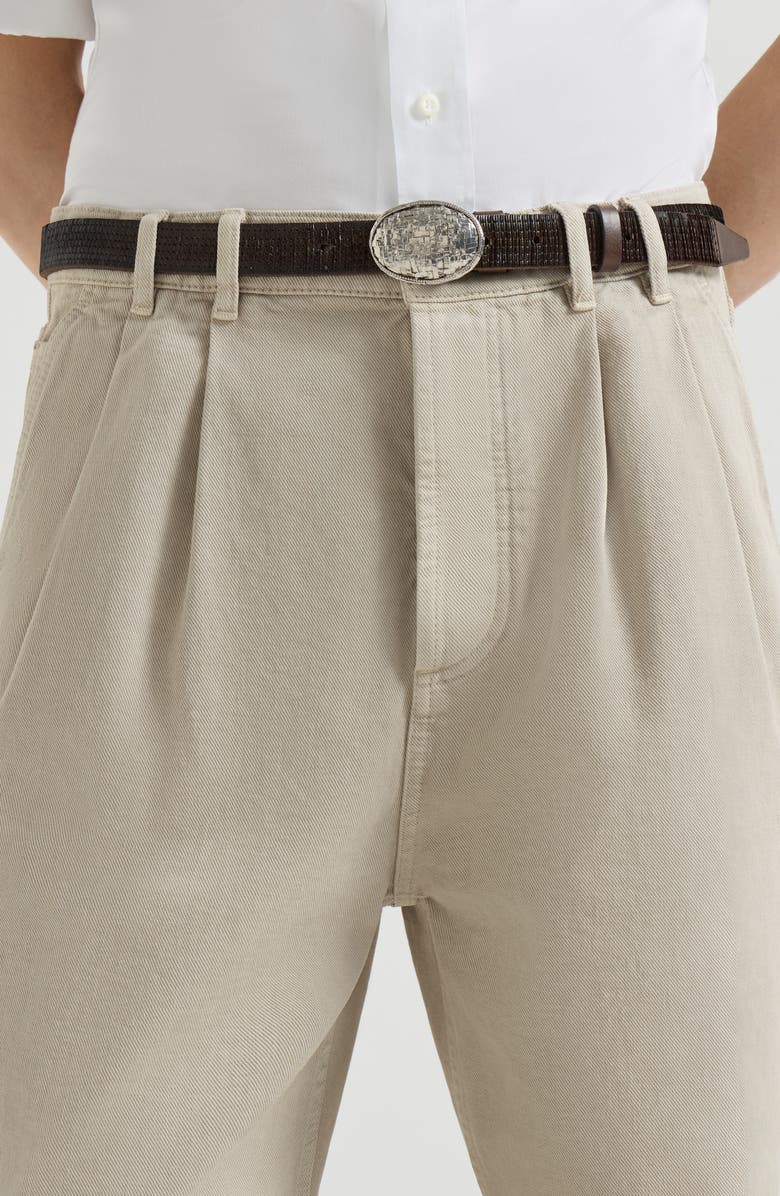 Brunello Cucinelli Garment-dyed denim iconic fit five-pocket trousers with double pleats, Alternate, color, White