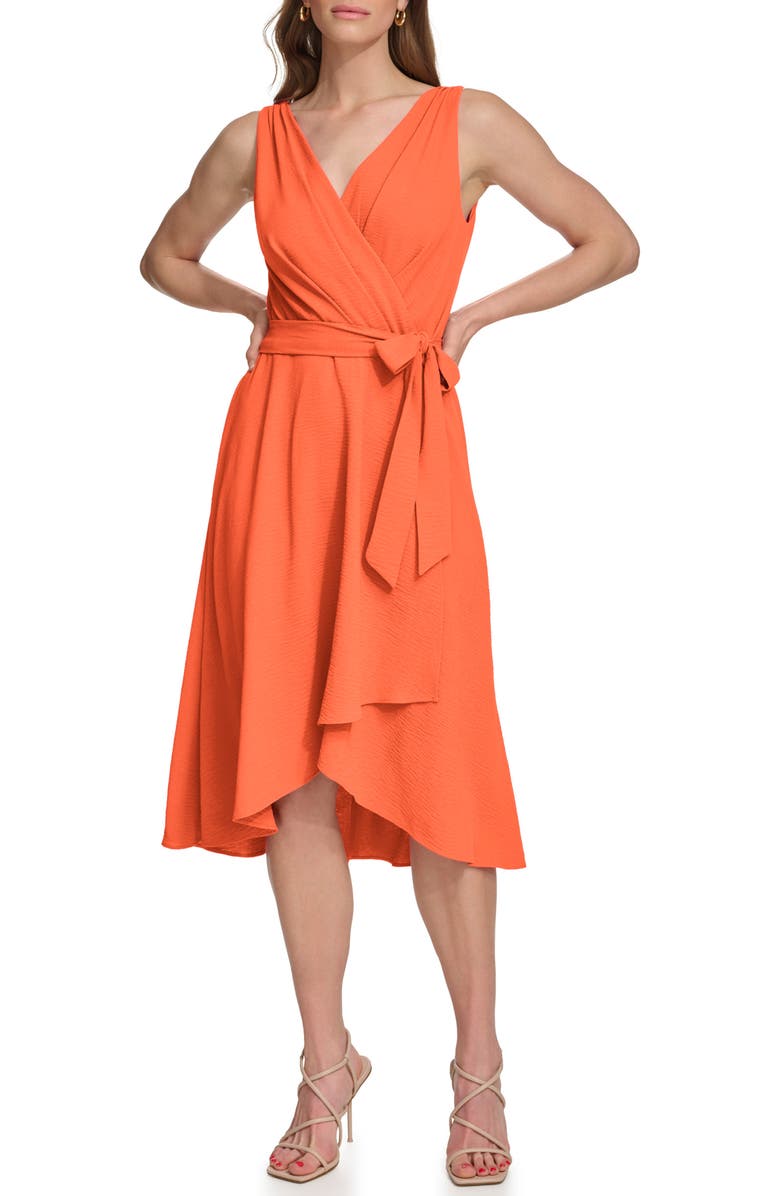 DKNY Faux Wrap Gauze Dress, Main, color, Tigerlily