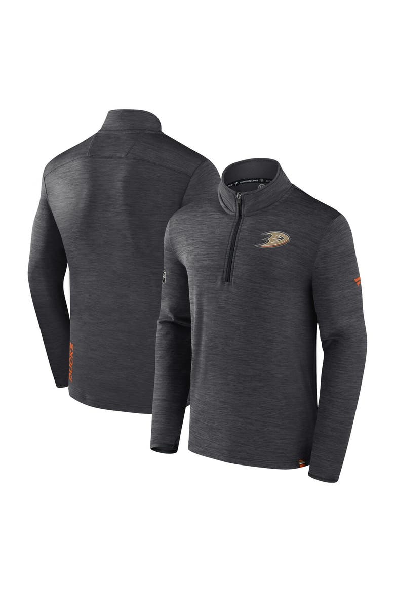 Men's Fanatics Branded  Heather Charcoal Anaheim Ducks Authentic Pro Quarter-Zip Pullover Top, Main, color, Heather Charcoal