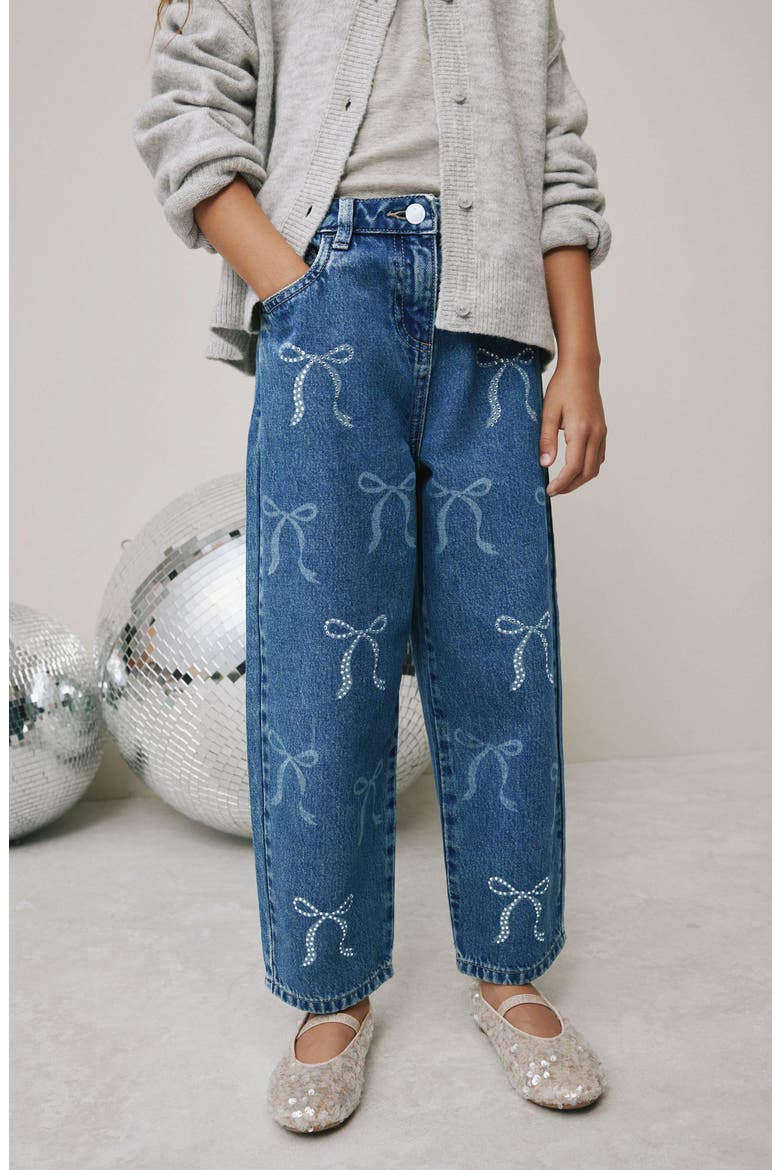 Kids' Sequin Bow Barrel Jeans, Alternate, color, BLUE