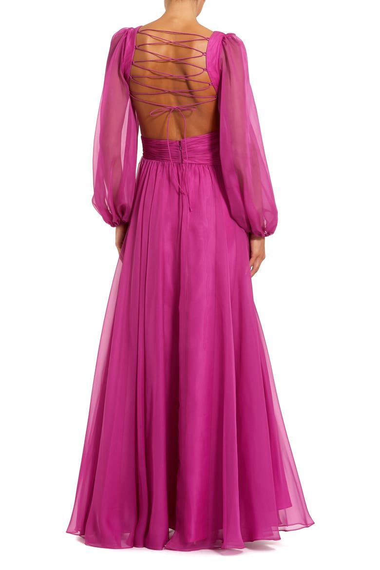 Long Sleeve V Neck Chiffon Gown With 3D Flower, Alternate, color, Magenta