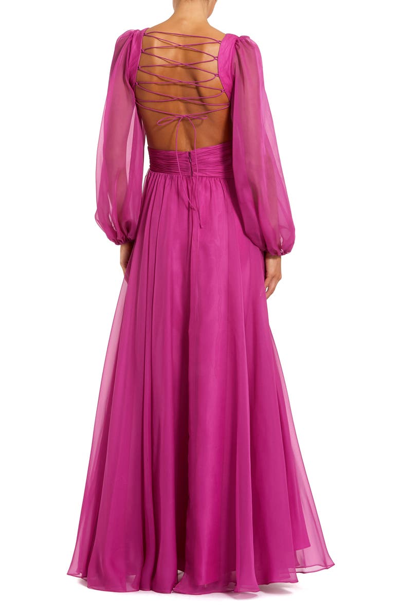 Mac Duggal Long Sleeve V Neck Chiffon Gown With 3D Flower, Alternate, color, Magenta