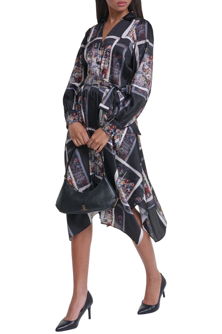 Scarf Print Long Sleeve Handkerchief Hem Twill Shirtdress, Alternate, color, BLACK MULTI
