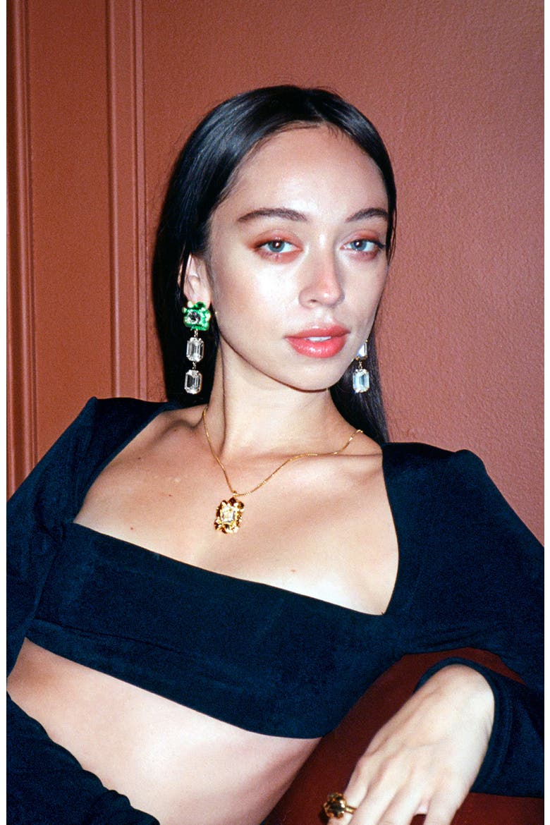Ada Floral Crystal Drop Earrings, Alternate, color, EMERALD