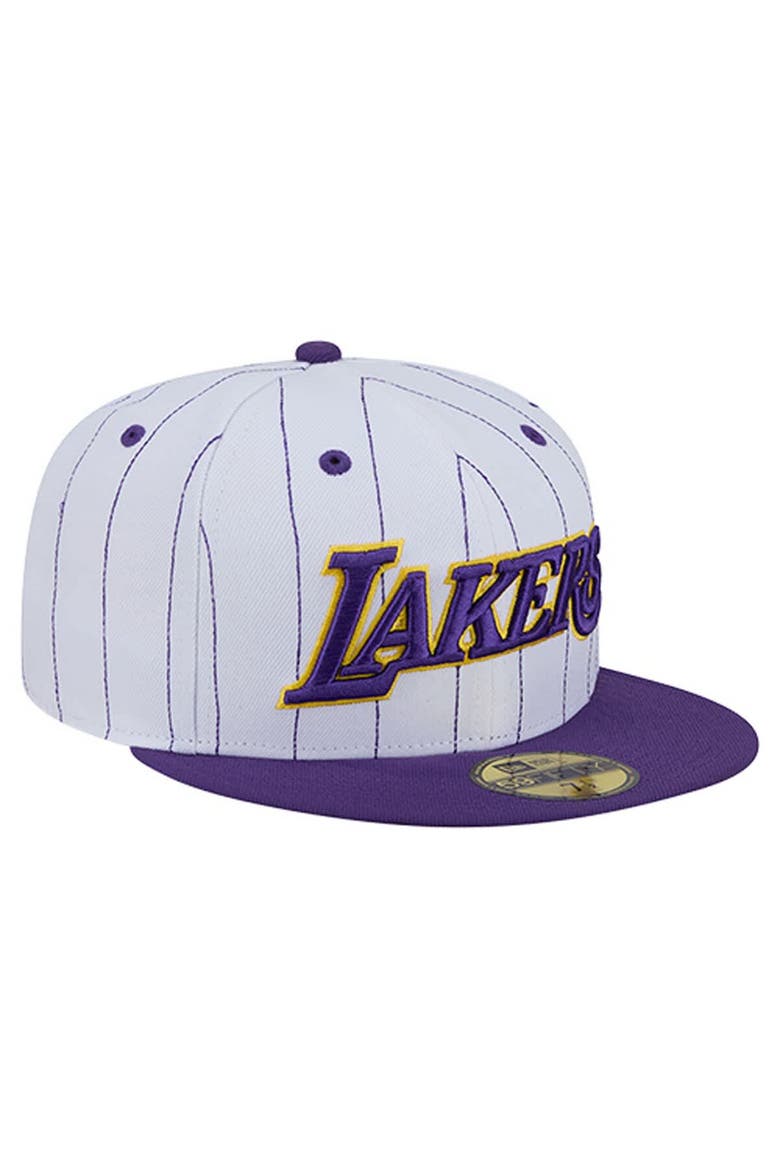 Men's New Era  White Los Angeles Lakers Wordmark Pinstripe 59FIFTY Fitted Hat, Alternate, color, White