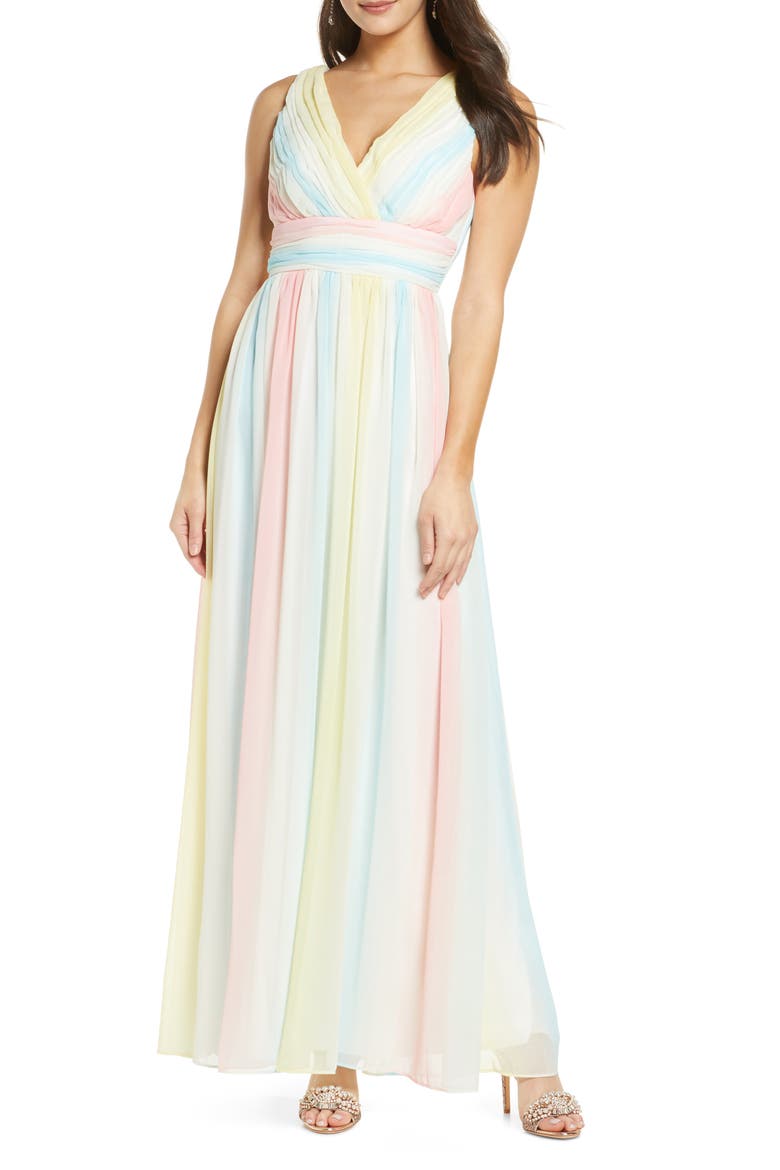 Rainbow V-Neck Chiffon Gown, Main, color, RAINBOW