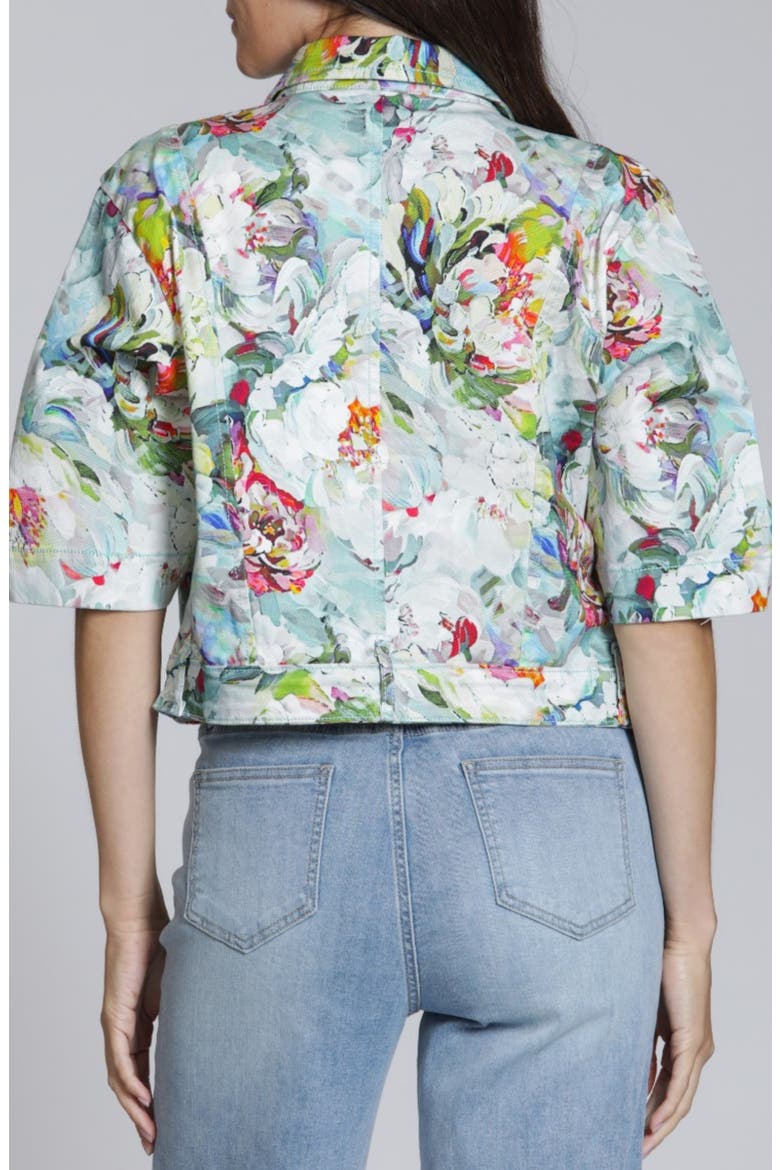 Floral Print Short Sleeve Denim Jacket, Alternate, color, AQUA MULTI