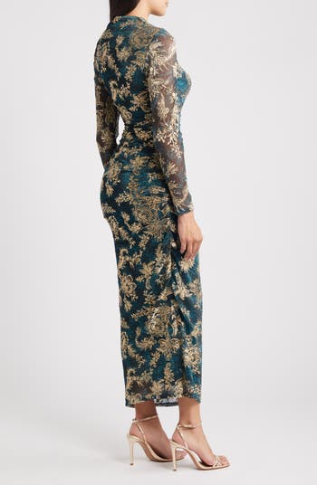 Metallic Floral Long Sleeve Ruched Gown
