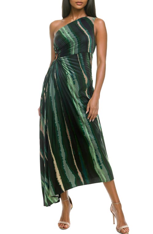 Socialite Print Asymmetric Hem Pleated Maxi Dress in Green/Tan 