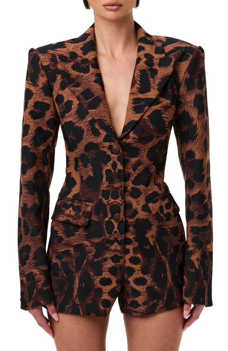 Naked Wardrobe Long Sleeve Ponte Blazer Romper, Alternate, color, Leopard