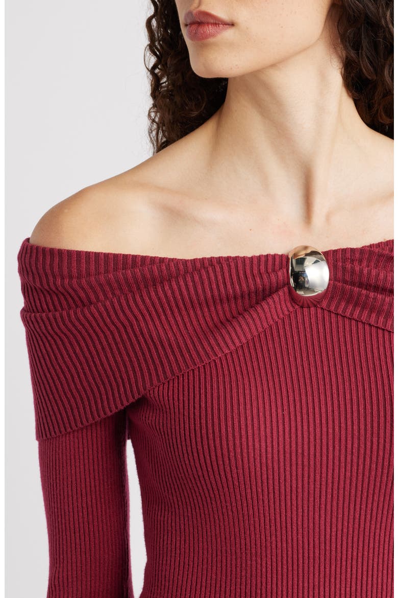 Lindsey Off the Shoulder Long Sleeve Rib Dress, Alternate, color, DARK RED