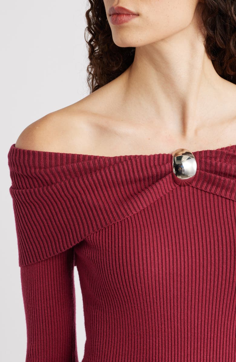 Petal & Pup Lindsey Off the Shoulder Long Sleeve Rib Dress, Alternate, color, Dark Red