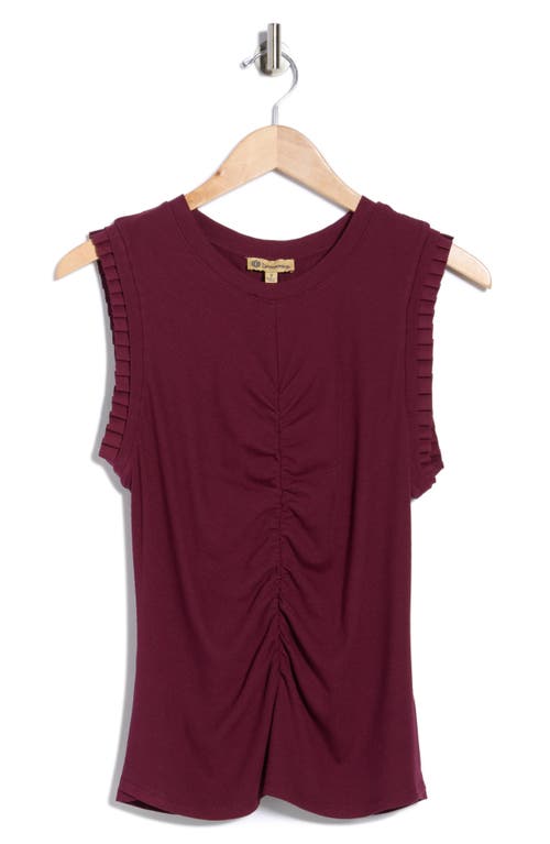 Democracy Ruched Rib Mixed Media Knit Top In Burgundy