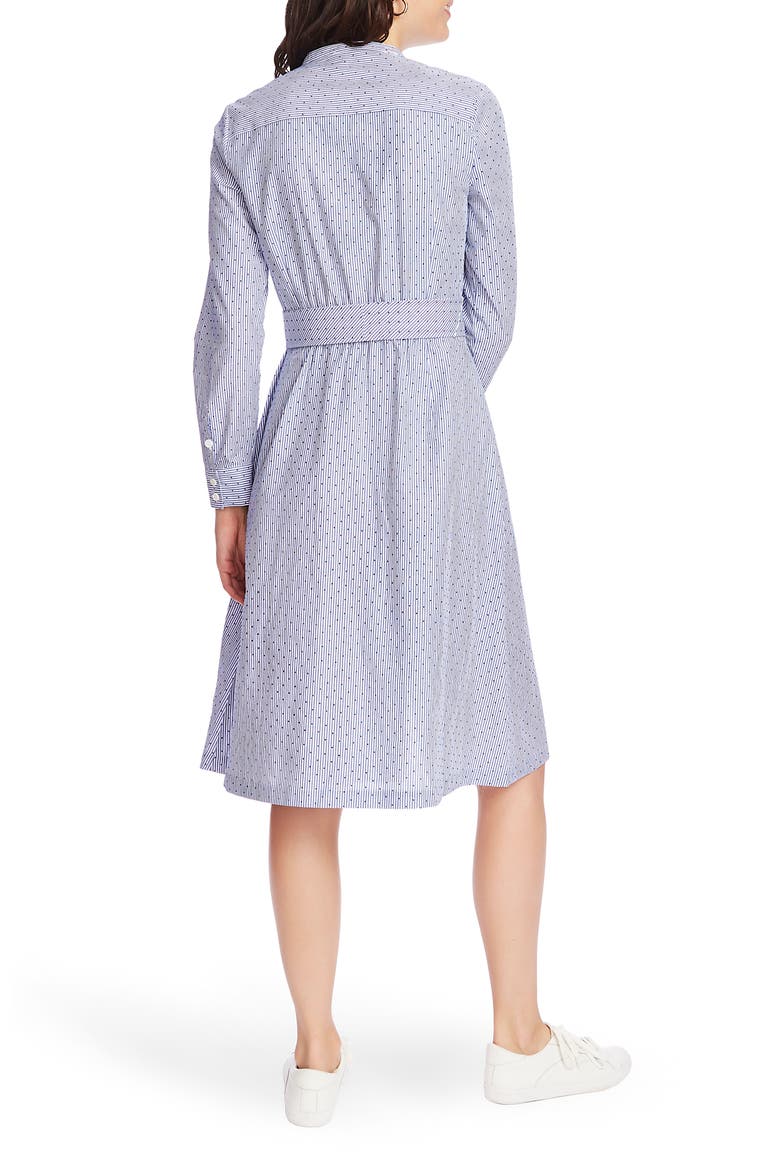 Ruffle Placket Flocked Dot Pinstripe Long Sleeve Cotton Shirtdress, Alternate, color, CHAMBRAY BLUE