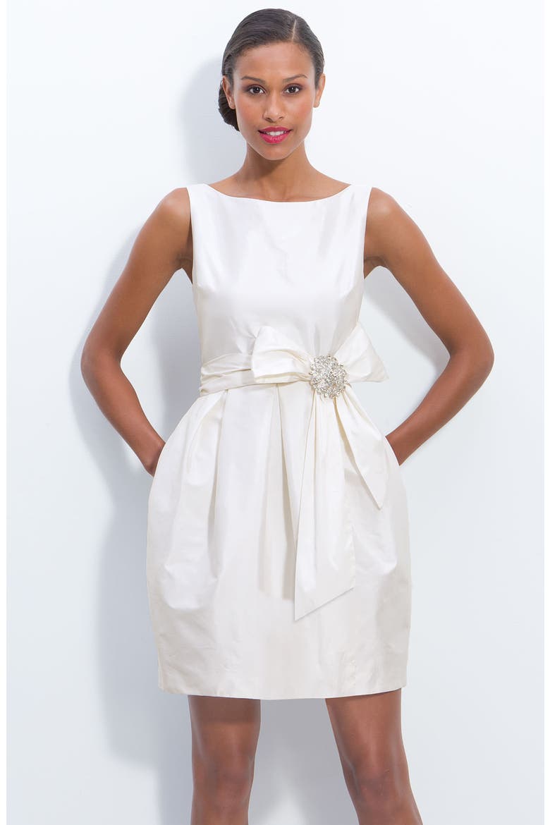 Jeweled Sleeveless Satin Tulip Dress, Main, color, IVORY