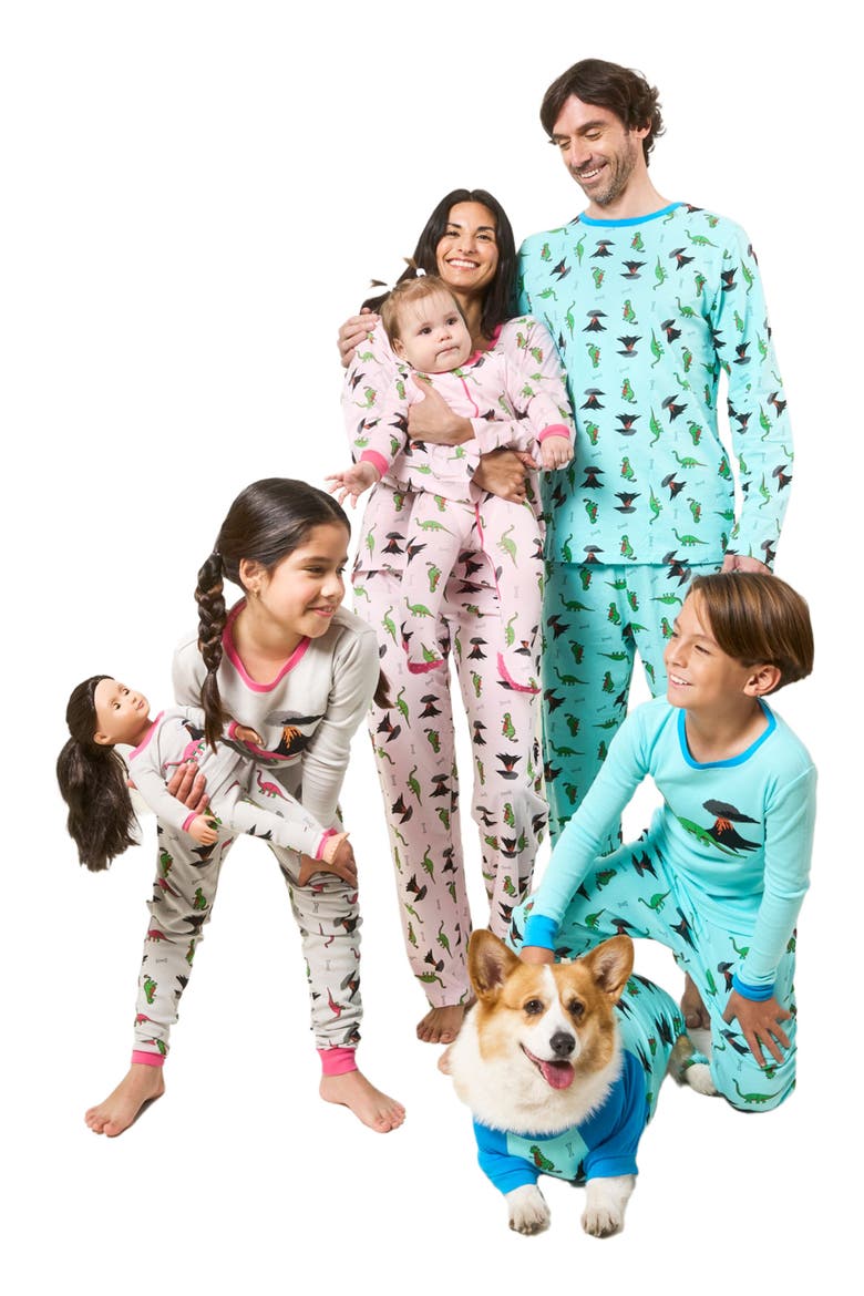 Kids Footed Printed Cotton Matching Family Pajamas, Coordinated Prints, Alternate, color, Blue Dinosaur
