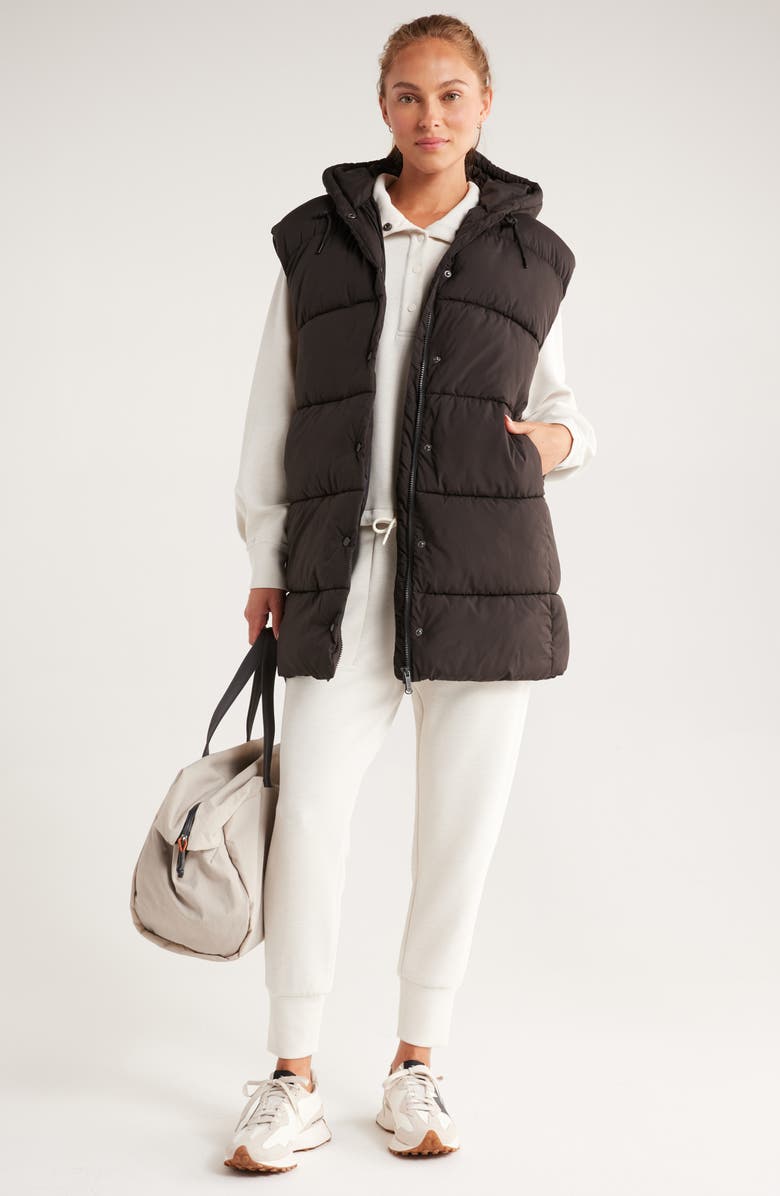 Zella Longline Hooded Puffer Vest, Alternate, color, Black