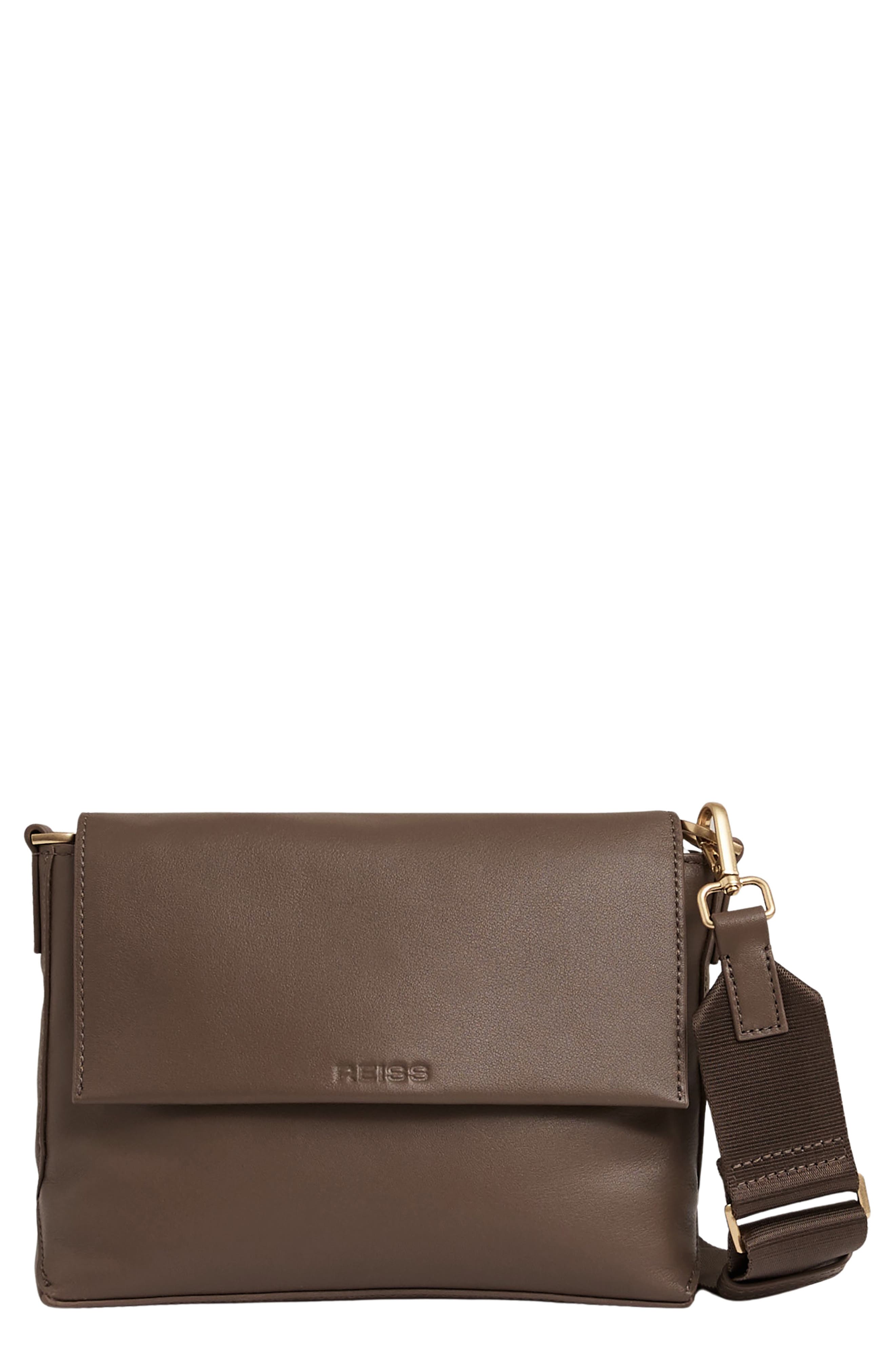 Reiss Selena Leather Crossbody Bag, Main, color, Taupe