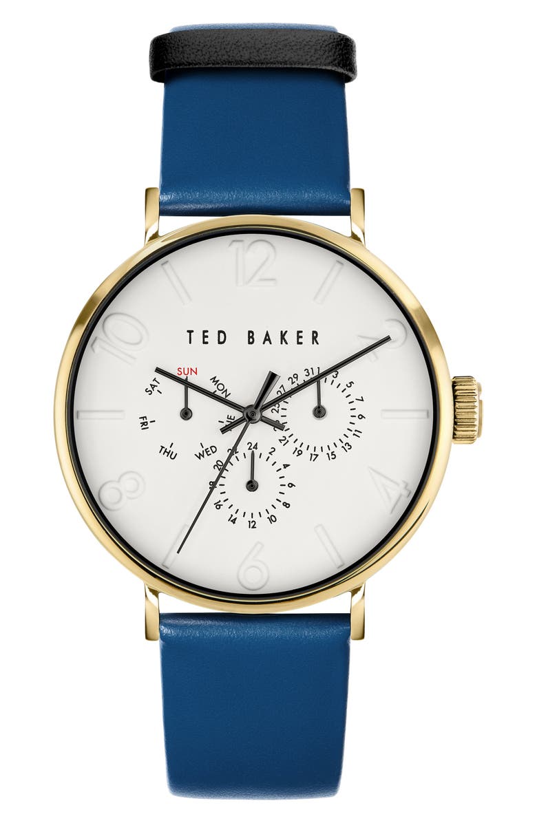 Ted Baker Phylipa Gents Leather Strap Watch, 41mm, Main, color, Gold/ White/ Blue